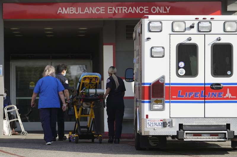 In this Jan. 5, 2021 file photo a LifeLine Ambulance arrives at the CHA Hollywood Presbyterian Medical Center (CHA HPMC) in Los Angeles. California health authorities reported on Saturday, Jan. 9, 2021, a record high of 695 coronavirus deaths as many hospitals strain under unprecedented caseloads. The state Department of Public Health says the number raises the state's death toll since the start of the pandemic to 29,233. (AP Photo/Damian Dovarganes, File) California virus deaths top 30,000 after deadliest weekend