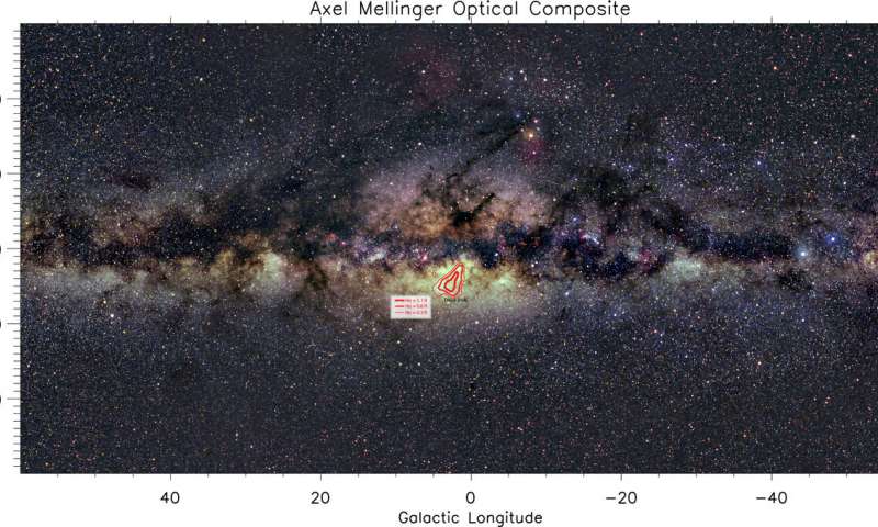 Optical Milky Way image with Hα emission line ratio associated with the Tilted Disk. Credit: Axel Mellinger Scientific 'red flag' reveals new clues about our galaxy, Embry-Riddle researcher says