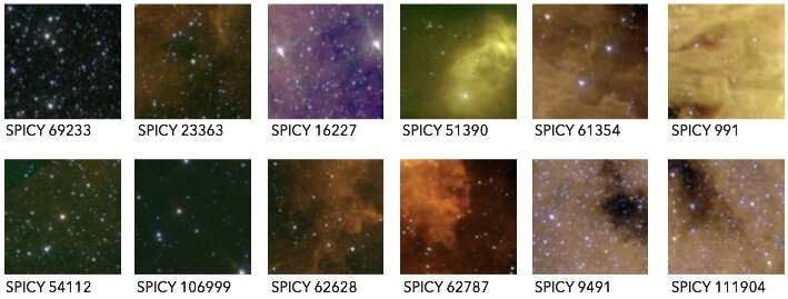 Infrared Spitzer images centered on several YSO candidates. Nebulosity is found around many of the objects. A few of the stars may be difficult to see due to the high contrasts that must be accommodated in making these false-colored images. Credit: Cosmostatistics Initiative Mapping stellar nurseries in the Milky Way