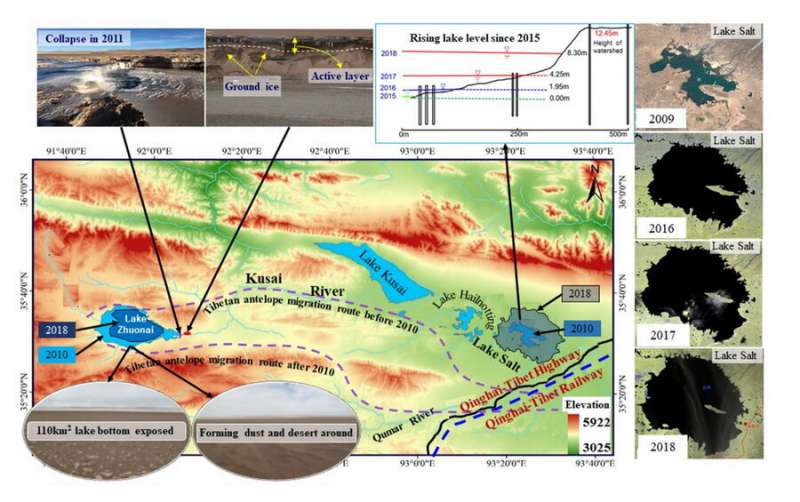Fig. 2. Process and effects of the Zhuonai Lake (a lake in lowland terrain) outbursts on environment and engineering on the Qinghai-Tibetan Plateau. Credit: DING Yongjian Climate warming increases cryospheric hazards