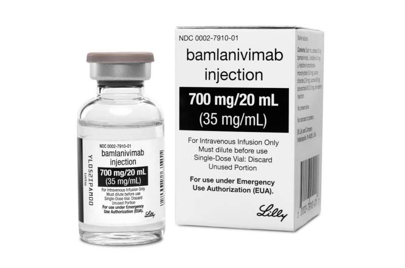 This photo provided by Eli Lilly shows the drug bamlanivimab. On Tuesday, Jan. 26, 2021, the company said that the two-antibody combo of bamlanivimab and etesevimab reduced the risk of hospitalizations or death by 70% in newly diagnosed, non-hospitalized COVID-19 patients at high risk of serious illness because of age or other health conditions. (Eli Lilly via AP) Studies extend hopes for antibody drugs against COVID-19