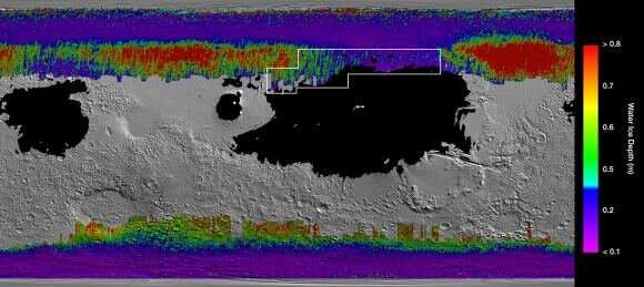 Underground water ice on Mars, cool colors are closer to the surface than warm colors, the outlined box represents the ideal region to send astronauts for them to dig up water ice. Credit: NASA/JPL-Caltech/ASU Mid-latitude glaciers on Mars could supply water to human explorers
