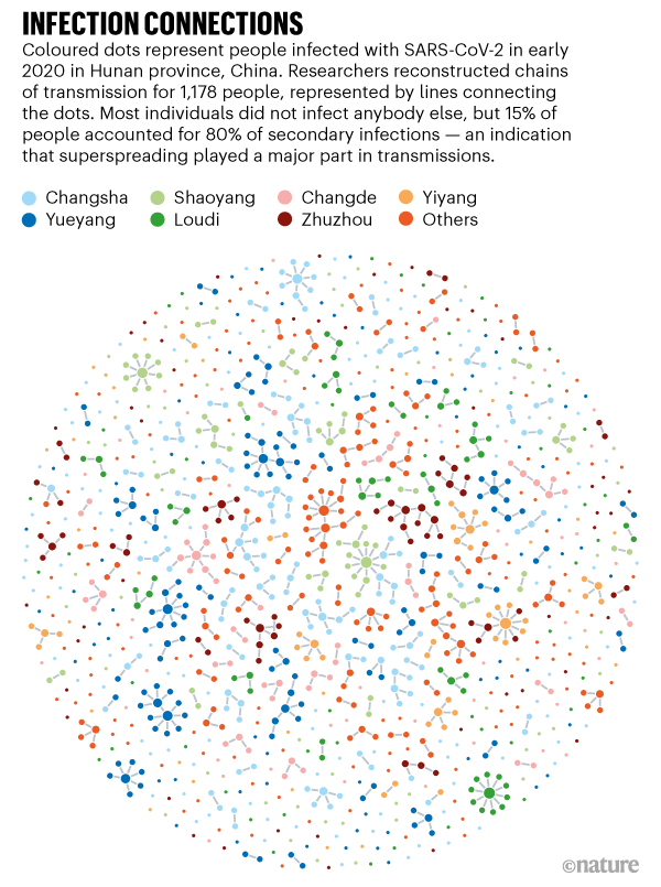 Infection connections. Graphic showing reconstructed chains of SARS-CoV-2 infections in Hunan province in early 2020.