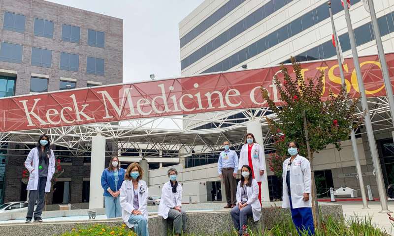 The Keck Medicine of USC lung transplant team that authored the study includes left to right: Jaynita Patel, MS,RD, Tammie Possemato, Felicia Schenkel, MSN, Roya Sadeghi, RN, Jeremy O'Conner, MSW, LCSW, Marian Duong, RD, Maria Bembi, RN, and Sivagini Ganesh, MD, MPH. Not pictured: Mark L. Barr, MD. Credit: Joyce Lee Remote, real-time monitoring of post-operative lung transplant patients significantly decreases hospital stays