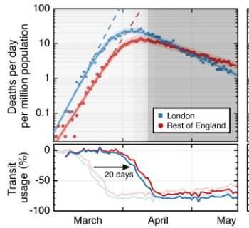 Daily death rate in early-hit city (London) relative to rest of the country. Credit: University of Sussex People outside early-hit cities may be most at risk from second covid wave