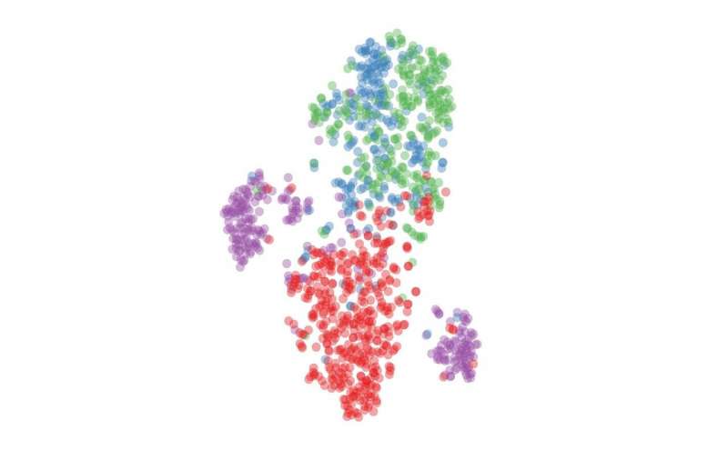 This data visualization based on the researchers’ model shows how four different musical modes – indicated by red, green, purple, and blue – predominated during the Renaissance. Credit: DCML / EPFL Machine learning helps retrace evolution of classical music