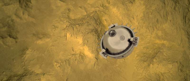 DAVINCI+ will send a meter-diameter probe to brave the high temperatures and pressures near Venus’ surface to explore the atmosphere from above the clouds to near the surface of a terrain that may have been a past a continent. During its final kilometers of free-fall descent (shown here), the probe will capture spectacular images and chemistry measurements of the deepest atmosphere on Venus for the first time. Credit: NASA GSFC visualization by CI Labs Michael Lentz and others NASA to explore divergent fate of earth’s mysterious twin with Goddard’s DAVINCI+