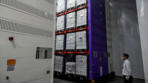 A man wearing a face mask looks into a large cold room filled with boxes.