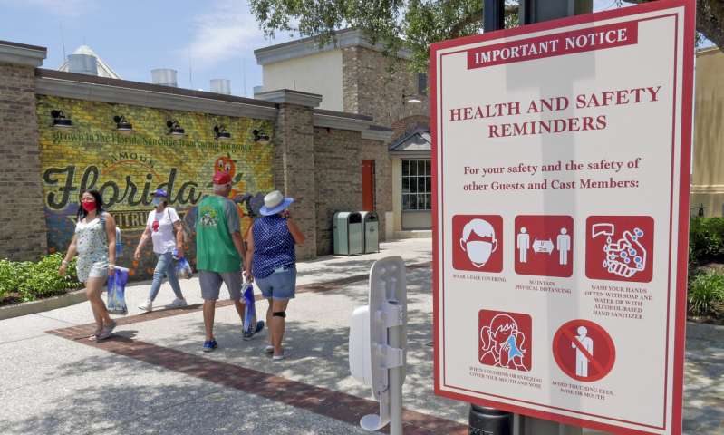 In this June 16, 2020, file photo, signs remind patrons to wear masks and other protocols because of the coronavirus pandemic as they stroll through the Disney Springs shopping, dining and entertainment complex in Lake Buena Vista, Fla. The number of deaths per day from the coronavirus in the U.S. has fallen in recent weeks to the lowest level since late March, even as states increasingly reopen for business. But scientists are deeply afraid the trend may be about to reverse itself. (AP Photo/John Raoux, File) Decline in new US virus deaths may be temporary reprieve