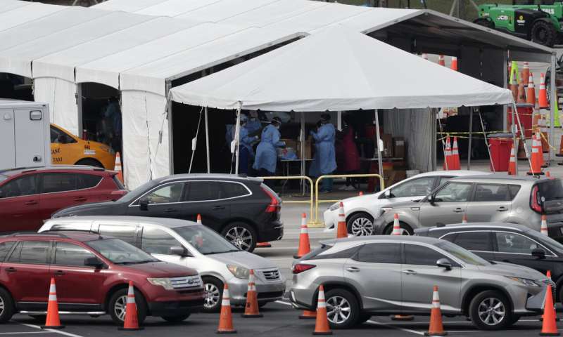 Lines of cars wait at a drive-through coronavirus testing site, Sunday, July 5, 2020, outside Hard Rock Stadium in Miami Gardens, Fla. Florida health officials say the state has reached a grim milestone: more than 200,000 people have tested positive for the novel coronavirus since the start of the outbreak. (AP Photo/Wilfredo Lee) Months into crisis, Americans face frustrating test delays