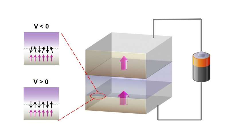 A simplified schematic of a magnetic tunnel junction where a non-magnetic tunnel barrier is sandwiched between two magnetic layers, whose spins are aligned in a single direction. Credit: Weigang Wang, University of Arizona Physicists offer a new 'spin' on memory