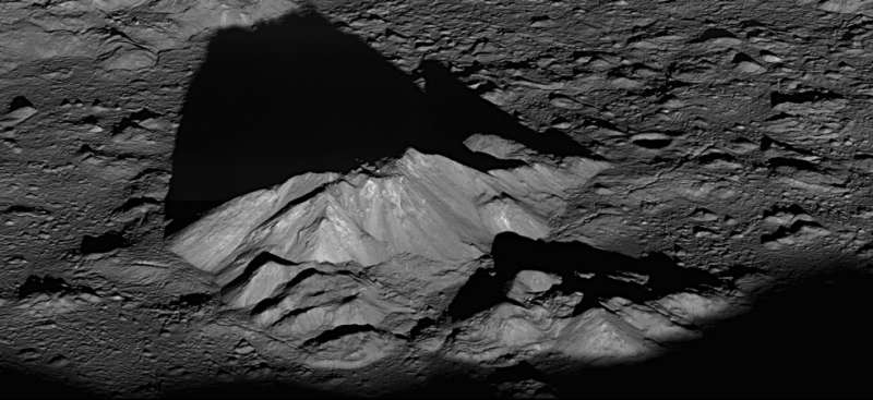 An example of LRO’s ability to look to the side, or slew, is this image of the central peak in Tycho crater. The central peak complex is about 15 kilometers (about 9.3 miles) wide southeast to northwest (left to right in this view). Credits: NASA/GSFC/Arizona State University Teaching an old spacecraft new tricks to continue exploring the moon