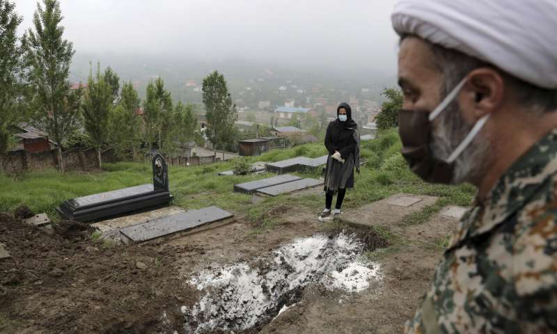In this April 30, 2020 file photo, a woman wearing mask and gloves, prays at the grave of her mother who died from the new coronavirus, at a cemetery in the outskirts of the city of Babol, in northern Iran. Iranian state TV said Wednesday Oct. 7, 2020, that the country has hit its highest number of daily deaths from the coronavirus, with 239 new fatalities. Wednesday's report quotes the spokesperson of the country's health ministry as saying the new deaths were recorded since Tuesday. (AP Photo/Ebrahim Noroozi, File) With 239 deaths, Iran hits its highest daily COVID-19 toll