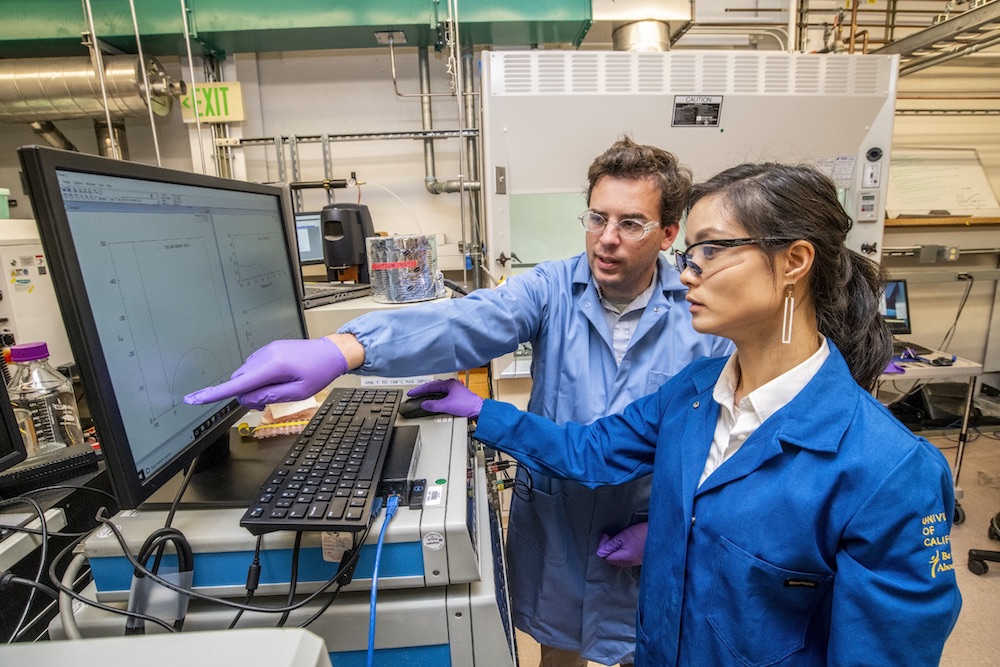 photo of Berkeley Lab scientist Adam Weber (left) and postdoc Jessica Luo