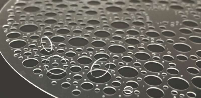 Fused silica wafer with thickness of 350 um with high-quality glass vias of diameters between 0.25 mm and 6 mm fabricated by selective laser etching. Credit: Daniel Flamm et al, Structured light for ultrafast laser micro- and nanoprocessing, <i>Optical Engineering</i> (2021). DOI: 10.1117/1.OE.60.2.025105 From microsaws to nanodrills: Laser pulses act as subtle machining tools