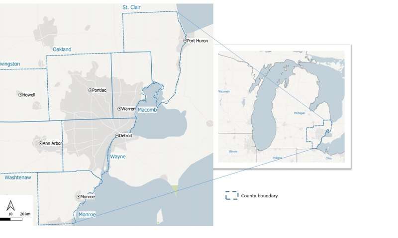 The seven-county Southeast Michigan study area used in a new University of Michigan analysis of the relationship between forested areas and urban sprawl. Credit: Gounaridis et al. in <i>Landscape Ecology</i>, July 2020. Fragmented forests: Tree cover, urban sprawl both increased in Southeast Michigan over the past 30 years