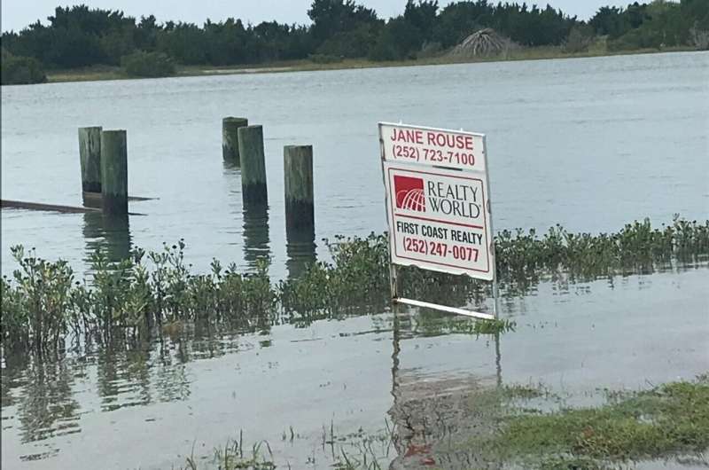 A real estate sign on flooded land in Carteret County, North Carolina. Credit: Miyuki Hino Stanford researchers reveal that homes in floodplains are overvalued by nearly $44 billion