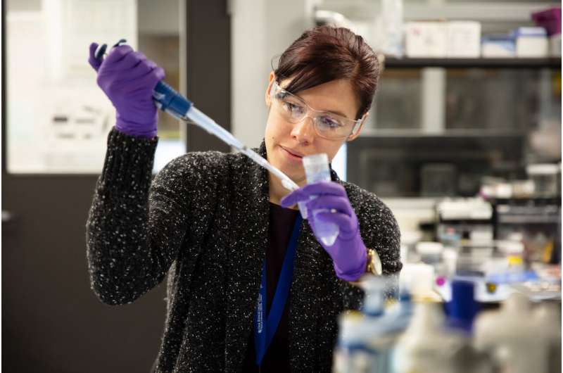 Researcher Michelle Tolbert, a colleague of Gibbs working in the Kriwacki Lab at St. Jude Children’s Research Hospital, prepares protein samples in solution for neutron scattering experiments on the EQ-SANS instrument at ORNL’s Spallation Neutron Source. Credit: ORNL/Genevieve Martin Study uses neutrons to shine light on shutting down cancer cells