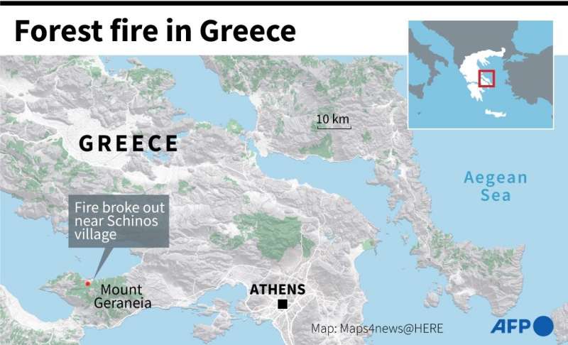 Map of Greece locating the area where a forest fire started near the village of Schinos, prompting evacuations. Forest fire in Greece