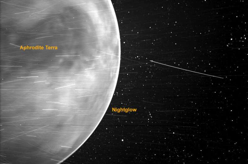 NASA's Parker Solar Probe had an up-close view of Venus when it flew by the planet in July 2020. Some of the features seen by scientists are labeled in this annotated image. The dark spot appearing on the lower portion of Venus is an artifact from the WISPR instrument. Credit: NASA/Johns Hopkins APL/Naval Research Laboratory/Guillermo Stenborg and Brendan Gallagher Parker Solar Probe offers stunning view of Venus