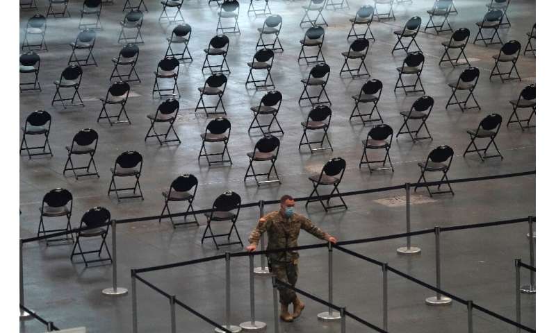 A member of the National Guard inside a Covid-19 vaccination center in New York on April 6, 2021