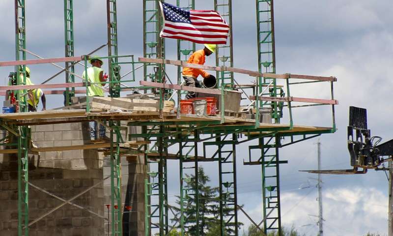 In this June 11, 2020, file photo workers on scaffolding lay blocks on one of the larger buildings at a development site where various residential units and commercial sites are under construction in Cranberry Township, Butler County, Pa. Eighty-five percent of Democrats call economic conditions "poor," while 65% of Republicans describe them as "good," according to a new survey by The Associated Press-NORC Center for Public Affairs Research. (AP Photo/Keith Srakocic, File) Surging US virus cases raise fear that progress is slipping