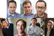 The MIT School of Engineering newly tenured faculty are: (clockwise from top left) Dirk Englund, Yury Polyanskiy, Adam Chlipala, Kenneth Kamrin, Qiqi Wang, David Sontag, and Vinod Vaikuntanathan.