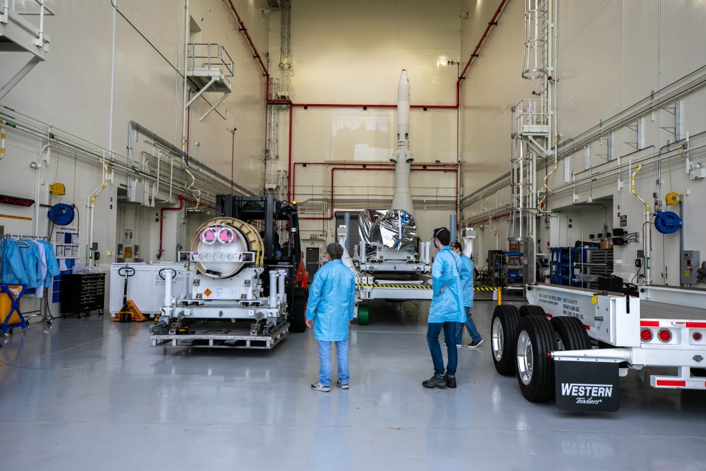 The attitude control motor for the Artemis II mission arrives in the Launch Abort System Facility at NASA's Kennedy Space Center in Florida on Aug. 28, 2020.