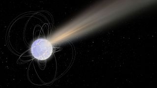 Artist's impression of a magnetar launching a burst of X-ray and radio waves across the galaxy