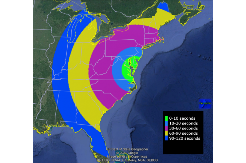 This map shows when the rocket may be visible after launch from NASA’s Wallops Flight Facility. Two vapor clouds will form north of Bermuda about 9 minutes and 30 seconds after launch as part of the mission and may also be visible from eastern United States and Bermuda. Credit: NASA/Christian Billie NASA Wallops May 7 rocket launch exploring energy transport in space