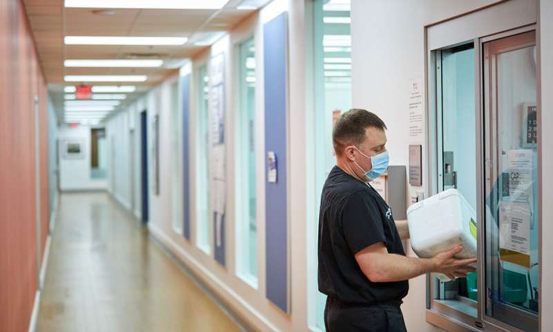 Emergency medicine physician Philip Mudd, MD, PhD, carries an icebox containing COVID-19 samples. Mudd led a study at Washington University School of Medicine in St. Louis that showed that, contrary to expectation, most people with severe COVID-19 do not suffer from unbridled inflammation. The findings suggest that anti-inflammatory therapies may not be helpful for most COVID-19 patients. Credit: Matt Miller Study: Respiratory failure in COVID-19 usually not driven by cytokine storm