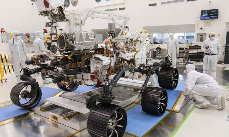 In this Dec. 17, 2019 photo made available by NASA, engineers monitor a driving test for the Mars rover Perseverance in a clean room at the Jet Propulsion Laboratory in Pasadena, Calif. The robotic vehicle, scheduled to launch on July 30, 2020, is planned to touch down in an ancient river delta and lake known as Jezero Crater, not quite as big as Florida's Lake Okeechobee. (J. Krohn/NASA via AP, File) Look out, Mars: Here we come with a fleet of spacecraft