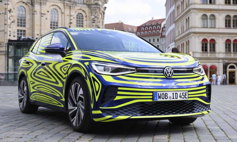 In this July 29, 2020 file photo, a VW ID.4 stands in front of the Frauenkirche on the occasion of a Volkswagen vehicle presentation on the Neumarkt in Dresden, Germany. Germany's Volkswagen is unveiling the ID.4, the battery-powered sport-utility vehicle that is headed for global markets including the United States and China, as the company takes a major step forward in its campaign to make electric cars a mass-market choice. (Sebastian Kahnert/dpa via AP, File) New SUV is next step in VW's post-scandal electric offensive