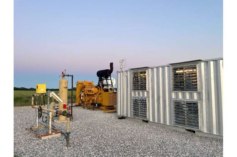 A handout photo from Giga Energy Solutions shows a natural gas generator powering a bitcoin mining center in north Texas in May 