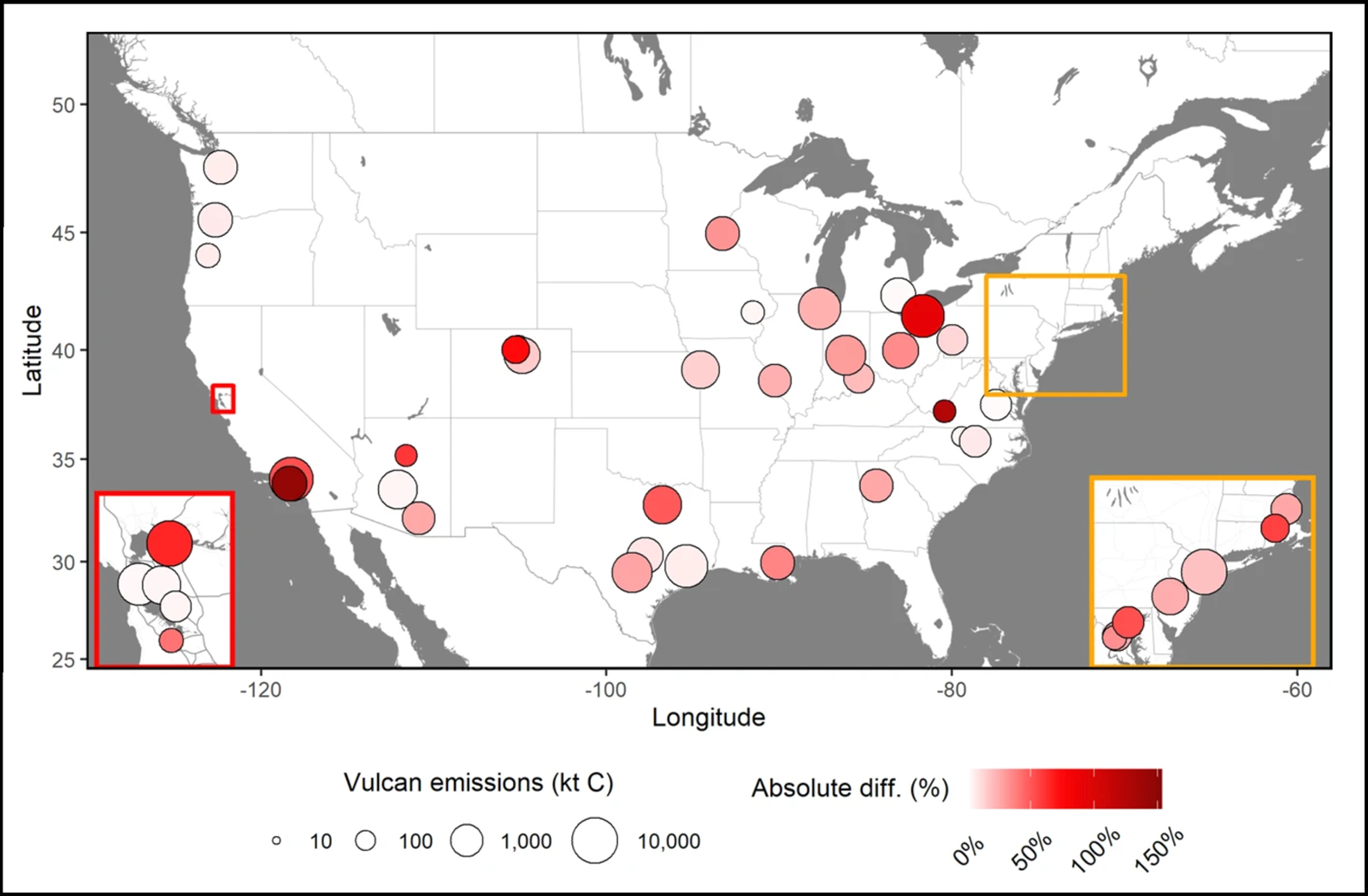 Map showing the difference between self-reported CO2 city emissions and the CO2 estimates determined by researchers