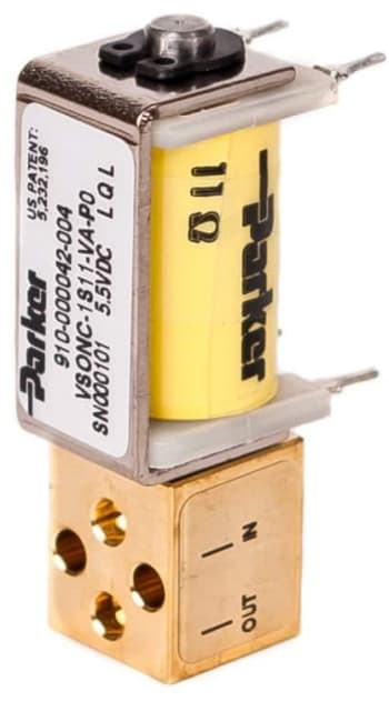 This Parker VSO miniature proportional valve is typical of the pneumatic control devices needed for compact point-of-care testing devices. Overall length is under two inches. (Image courtesy of Parker.)