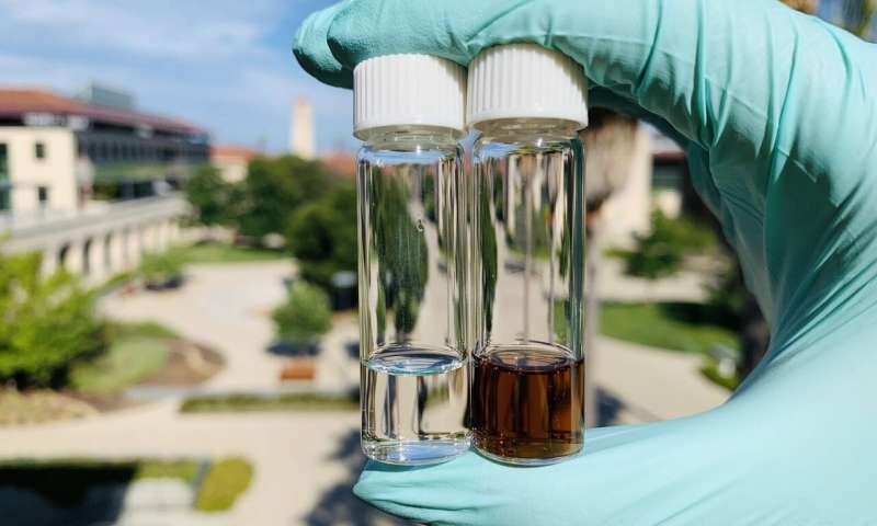 A conventional (clear) electrolyte on the left and the novel Stanford electrolyte of the right. Credit: Zhiao Yu New battery electrolyte developed at Stanford may boost the performance of electric vehicles