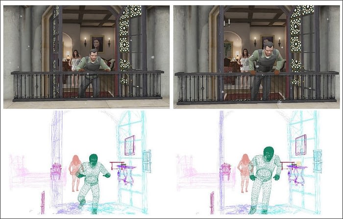With a programmatic and essentially 'holographic' understanding of the entire scene representation, SAIL-VOS 3D imagery can synthesize representations of objects ordinarily hidden by occlusions, such as the far-facing arm of the character turning around here, in a way that would otherwise depend on many representative instances in real-world footage. Source: https://arxiv.org/pdf/2105.08612.pdf