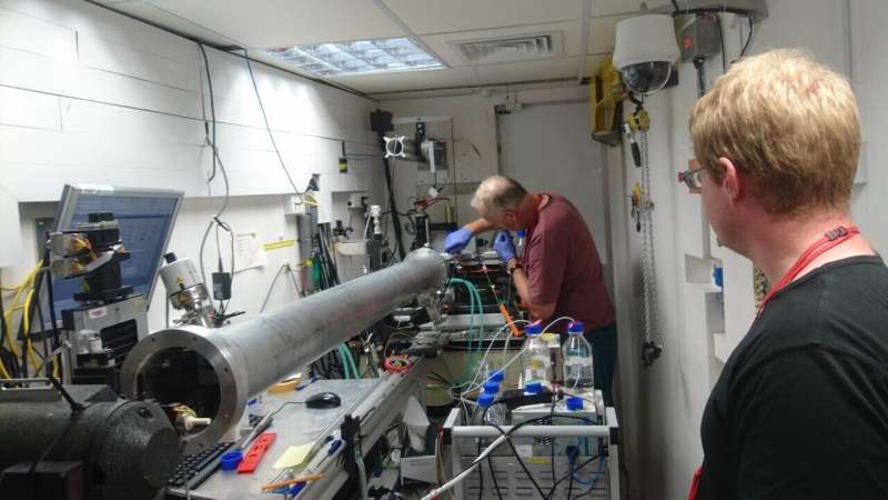 Professor Gerhard Gröbner and research engineer Jörgen Åden are changing a sample at SURF, a neutron reflectometer at ISIS, a national research structure at Harwell in England. Credit: Tobias Sparrman Breakthrough in the understanding of a protein with a key role in cancer
