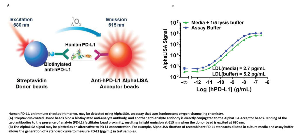 Human PD-L1, an immune checkpoint marker, may be detected using AlphaLISA, an assay that uses luminescent oxygen-channeling chemistry. 