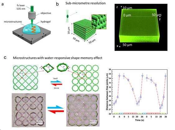 a, An illustrative image for a typical three-dimensional direct laser writing process. A femoto second later was tightly focused into a photosensitive material (hydrogel in our case). b, Fabrication result of 3D woodpile microstructure. The woodpile structure was imaged under reflective mode in a Nikon confocal microscope, and the 3D feature and the sub-micrometer resolution was clearly demonstrated. c, Fabrication and characterization of a microstructure with water-responsive shape memory effect. When the microenvironment is filled with water, the microstructure will swell into octagons due to its mechanical property. When the water content in the environment drops (evaporates), the octagons will shrink into squares. Due to the robustness of the material, this shape memory effect process can be reversed for several times at micrometer scale. Credit: Haoyi Yu, Haibo Ding, Qiming Zhang, Zhongze Gu, and Min Gu Two-photon polymerization of PEGda hydrogel microstructure with low threshold power with green laser