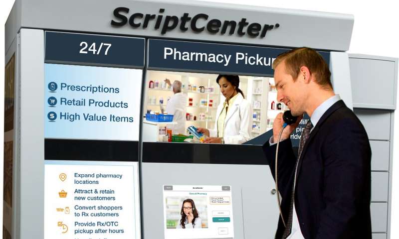 Similar to an ATM machine, the automated kiosk delivered pharmacist-filled prescriptions to patients when they entered their code. Patients could call the pharmacist with questions using the attached phone. Credit: Courtesy of Asteres Inc. People more likely to pick up prescriptions via automated kiosks, study shows