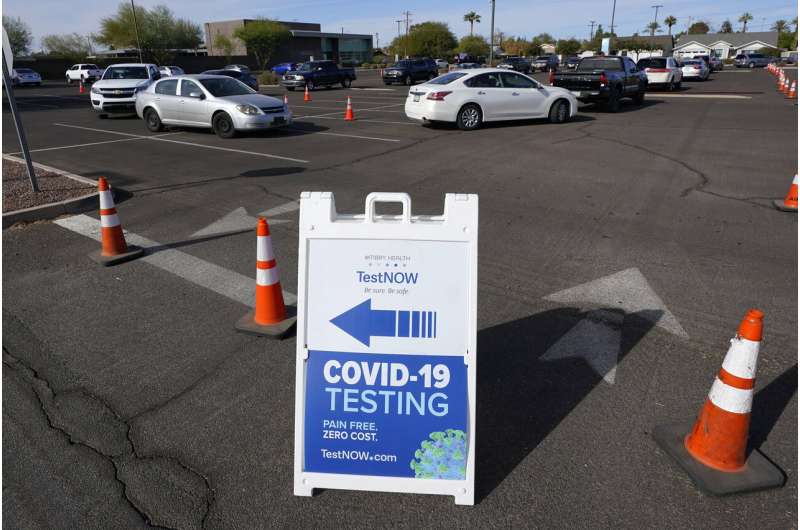 In this Dec. 8, 2020, file photo, vehicles line up as people wait for COVID-19 tests at a drive-thru testing center in Phoenix. Arizona on Wednesday, Jan. 6, 2021, reported a triple-digit number of additional COVID-19 deaths for the second day in a row along with more than 7,200 additional known cases and another record high of virus-related hospitalizations. The state has the worst coronavirus diagnosis rate in the country, with one person of every 119 people in the state being diagnosed in the past week. (AP Photo/Ross D. Franklin, File) Arizona deemed 'hot spot of the world' amid virus surge