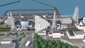 a diagram of the Fukushima power plant with play arrow overlay