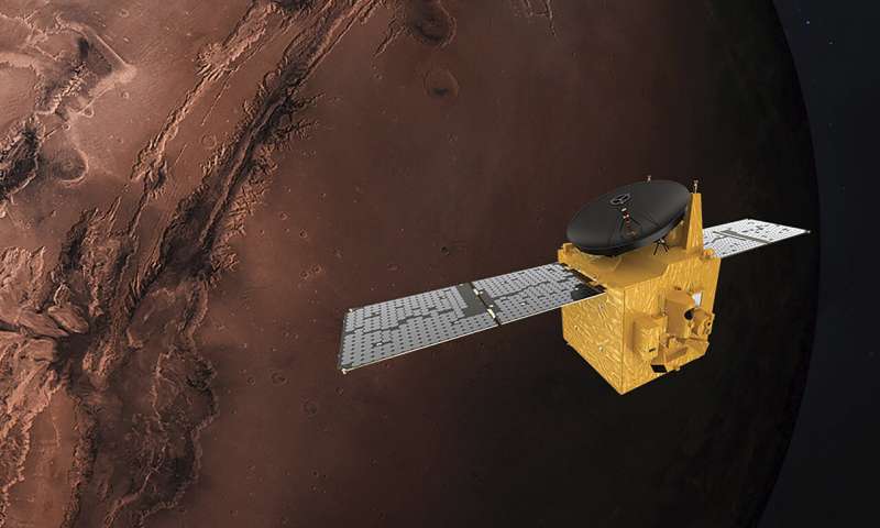 This June 1, 2020, rendering provided by Mohammed Bin Rashid Space Centre shows the Hope probe. The U.S., China and the United Arab Emirates are sending spacecraft to Mars in quick succession beginning this week.(MBRSC via AP) Look out, Mars: Here we come with a fleet of spacecraft