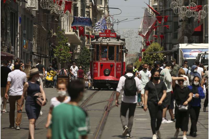 People walk on Istiklal Street, the main shopping street in Istanbul, Thursday, July 1, 2021. Turkey's government on Thursday eased restrictions in place to curb the spread of the coronavirus, and have reopened theaters, cinemas and other entertainment centers. Credit: AP Photo/Emrah Gurel Turkey lifts most pandemic restrictions as new cases plateau