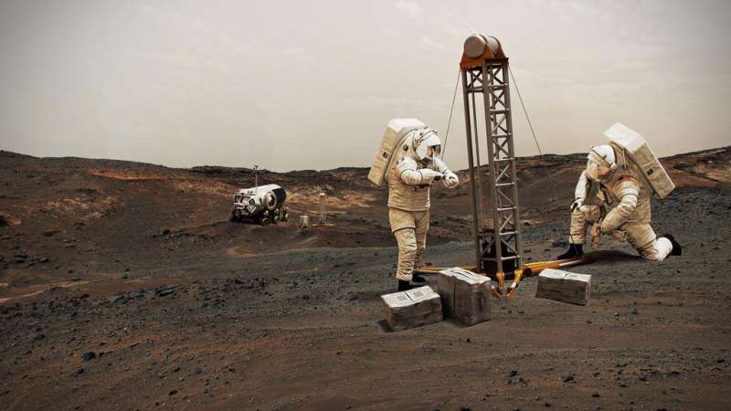 In this illustration, NASA astronauts drill into the Mars’ subsurface. The agency is creating new maps that show where ice is most likely to be easily accessible to future astronauts. Credit: NASA Where should future astronauts land on Mars? Follow the water