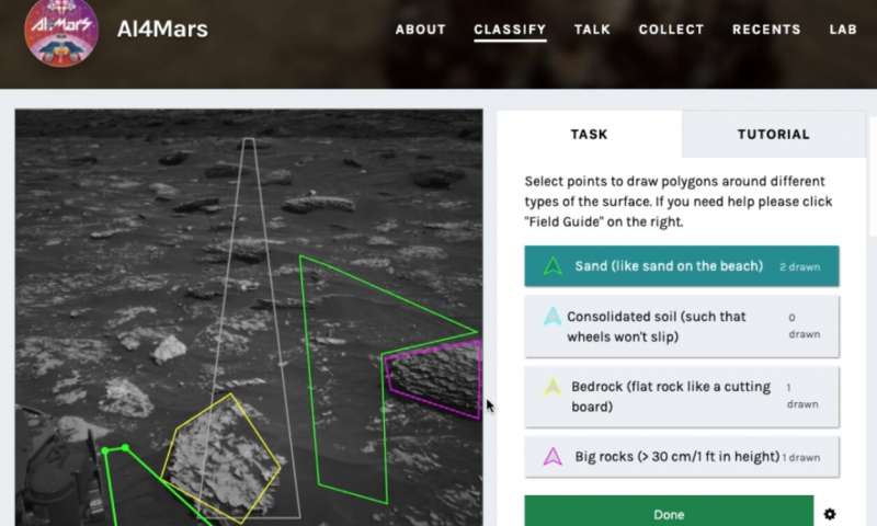The public tool AI4Mars shows different kinds of Martian terrain as seen by NASA's Curiosity rover. By drawing borders around terrain features and assigning one of four labels to them, users can help train an algorithm that will automatically identify favorable and hazardous terrain for Curiosity's rover planners. Credit: NASA/JPL-Caltech Deep learning will help future Mars rovers go farther, faster, and do more science