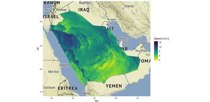 Map of hourly wind speed over Saudi Arabia in June 2010 from the WRF simulated data. From just a few monitoring locations, the team was able to efficiently compute a full forecast distribution to construct maps of wind speed for all of Saudi Arabia at high spatial resolution for up to several hours ahead. Credit: Amanda Lenzi Wind forecasts power up for reliable energy production