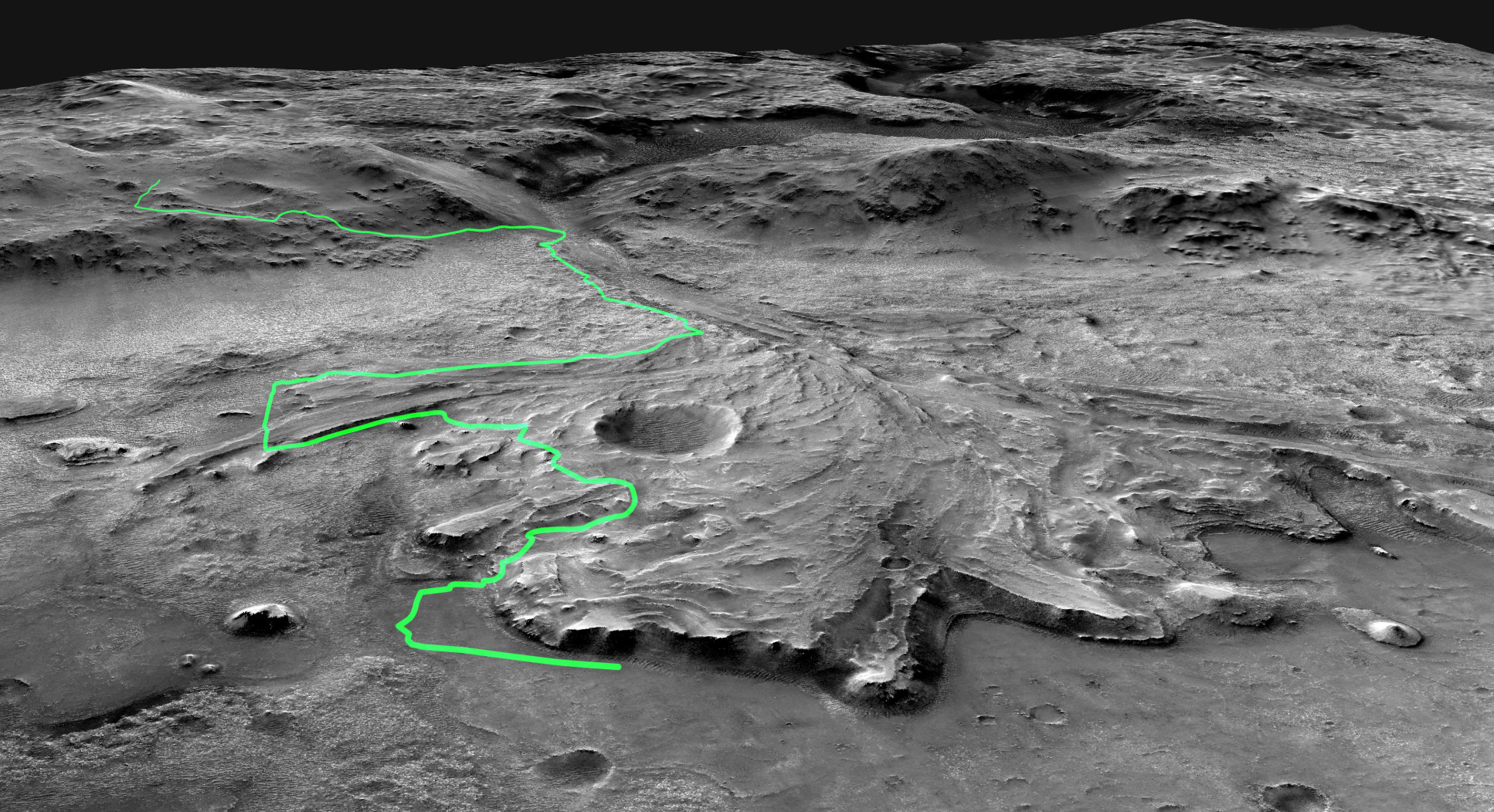 This annotated mosaic depicts a possible route the Mars 2020 Perseverance rover could take across Jezero Crater as it investigates several ancient environments that may have once been habitable.